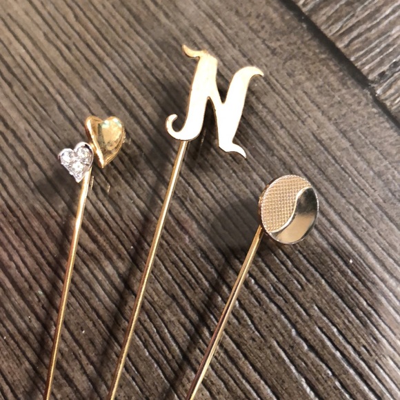Vintage Stick Pins “N” Initial, Double Heart & Circle - Ying & Yang Symbol? - Picture 5 of 12